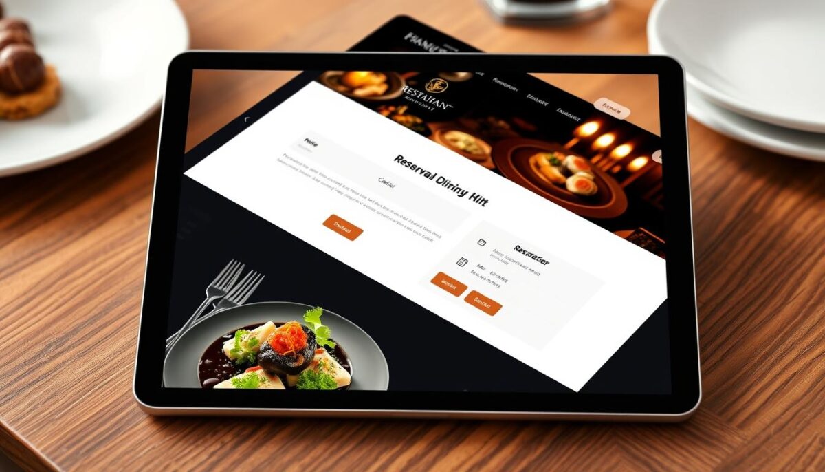 Generate an image of a luxurious restaurant website on a tablet, showcasing online ordering and reservation features.