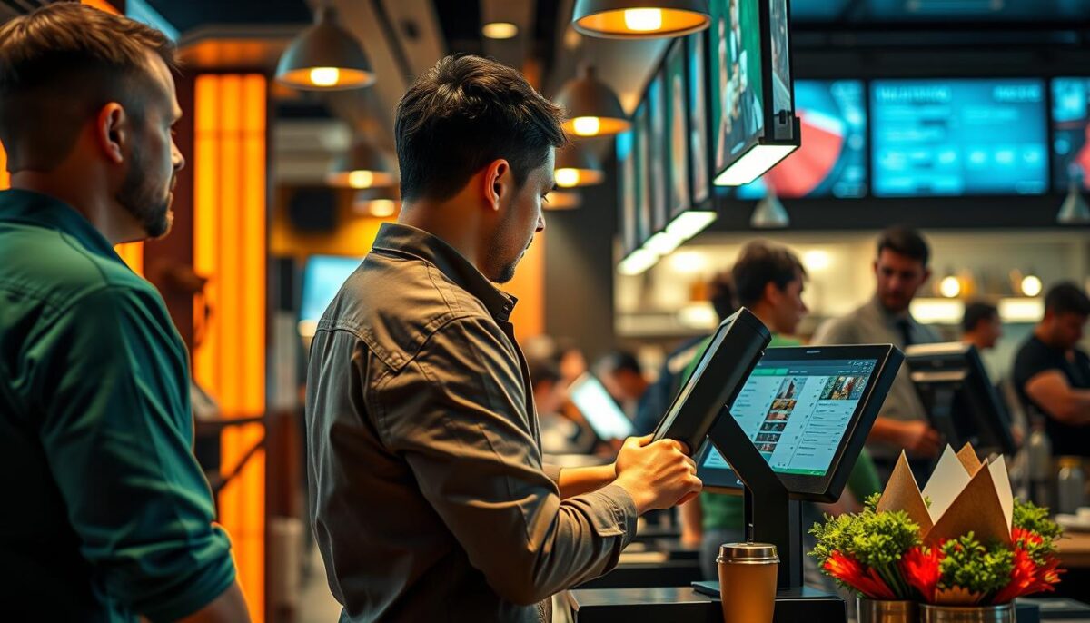 Generate an image of a modern restaurant POS system in action.