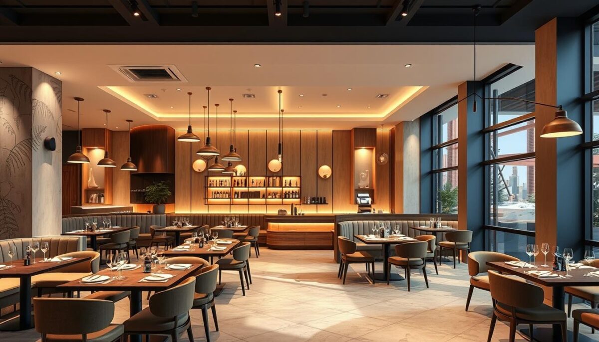 Generate an image of a modern restaurant interior with a well-designed layout