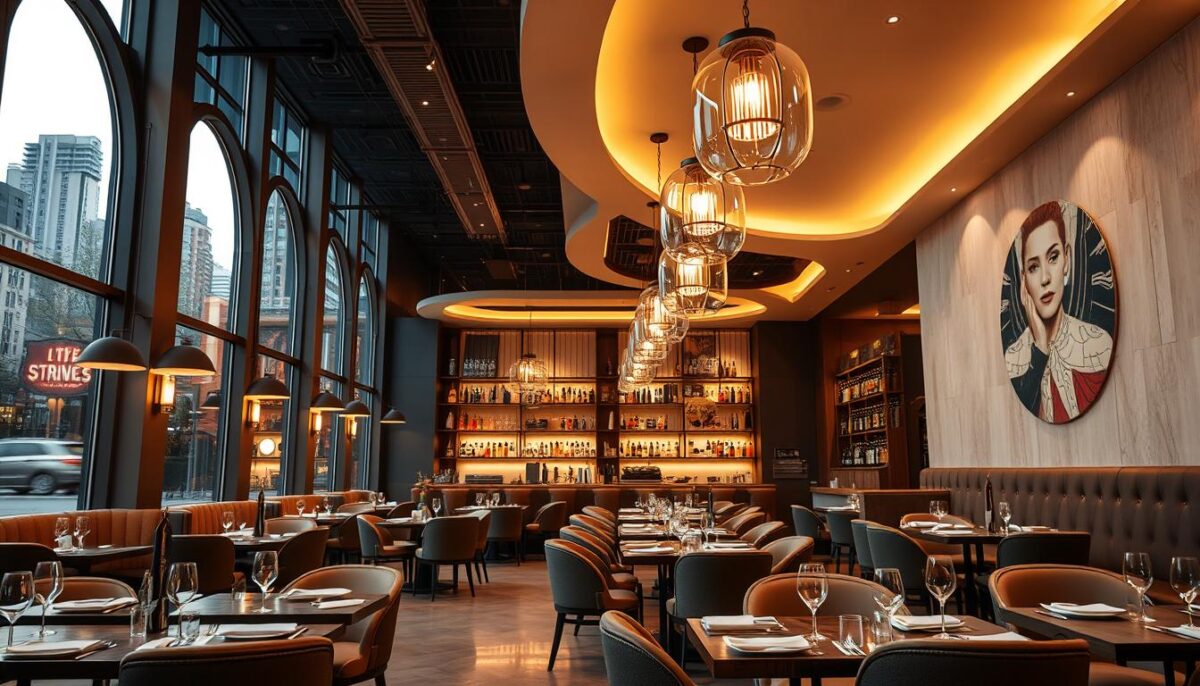 Generate an image of a modern restaurant interior with layered lighting