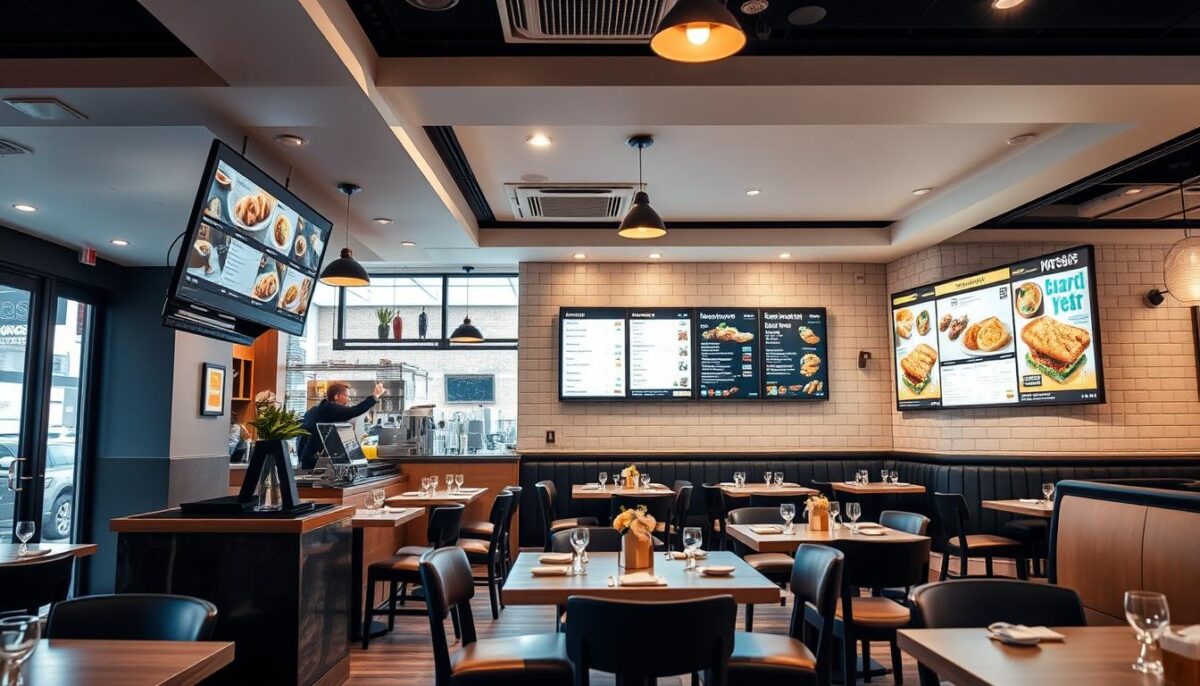 Generate an image of a modern restaurant with a sleek POS system and digital menu boards.