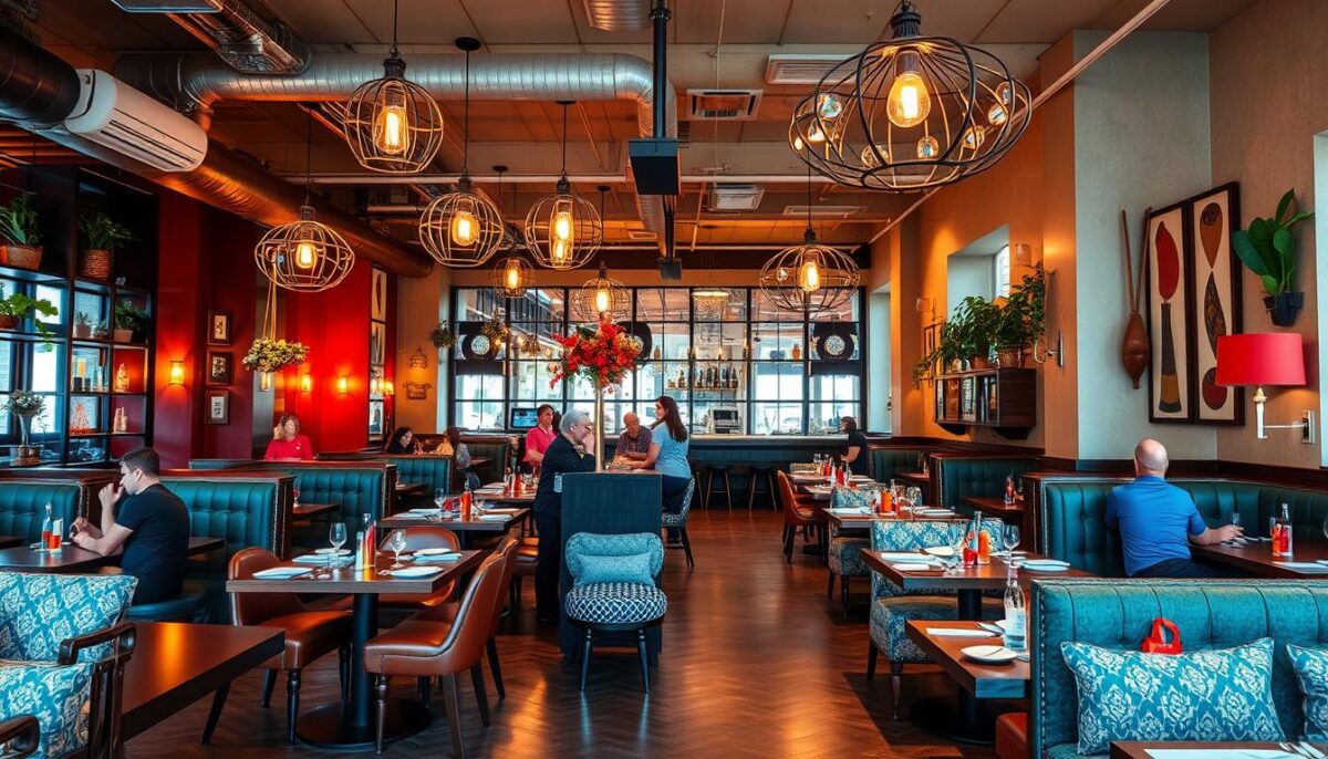 Generate an image of a restaurant interior with a mix of modern and traditional decor.