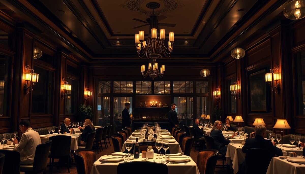 Generate an image of a restaurant interior with background music