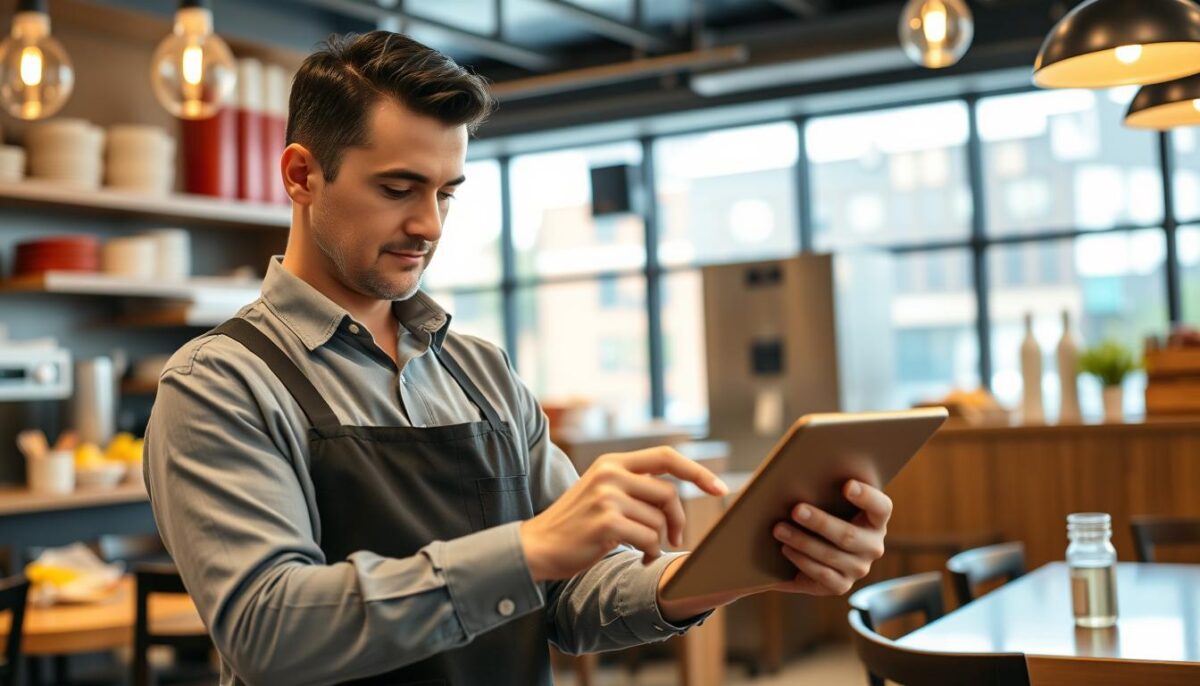 Generate an image of a restaurant manager using a tablet to access restaurant equipment audit software.