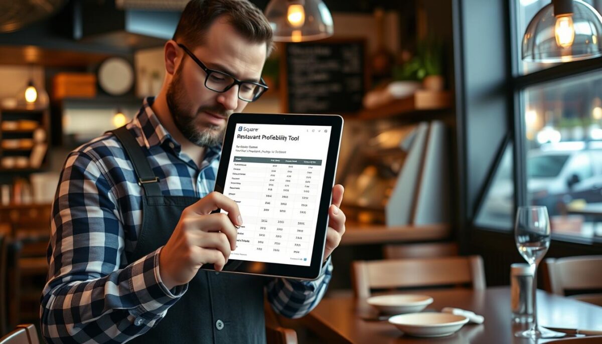 Generate an image of a restaurant owner analyzing financial reports on a tablet with Square's Restaurant Profitability Analysis Tool