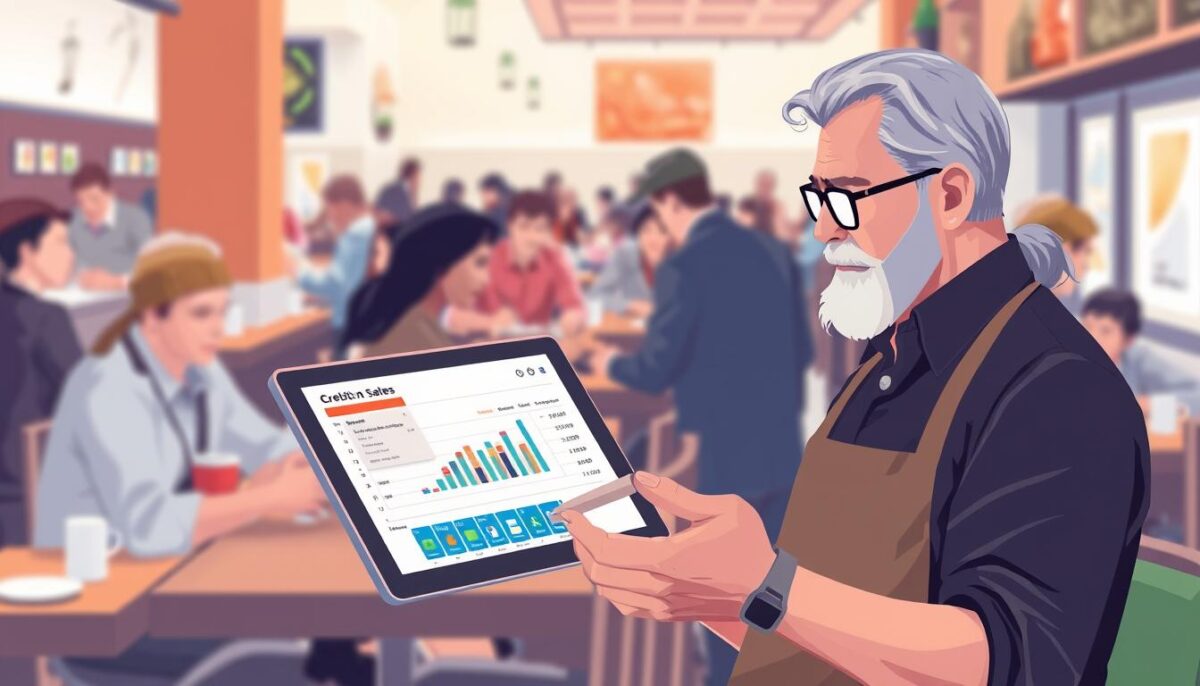 Generate an image of a restaurant owner reviewing credit card sales data on a tablet, with a subtle background hint of a bustling restaurant.
