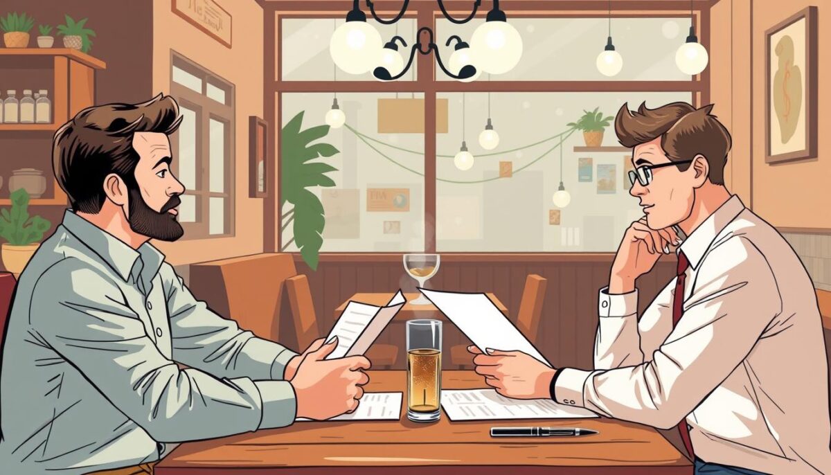 Generate an image of a restaurant owner reviewing financial documents with a potential investor.