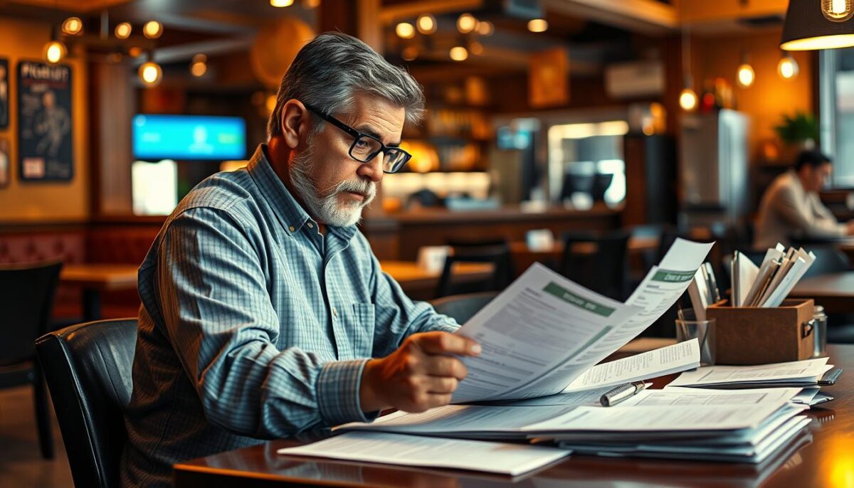 Generate an image of a restaurant owner reviewing licenses and permits.