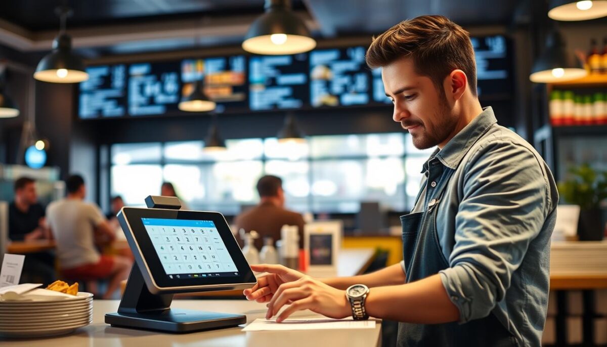 Generate an image of a restaurant owner using a Square POS system to manage their business.