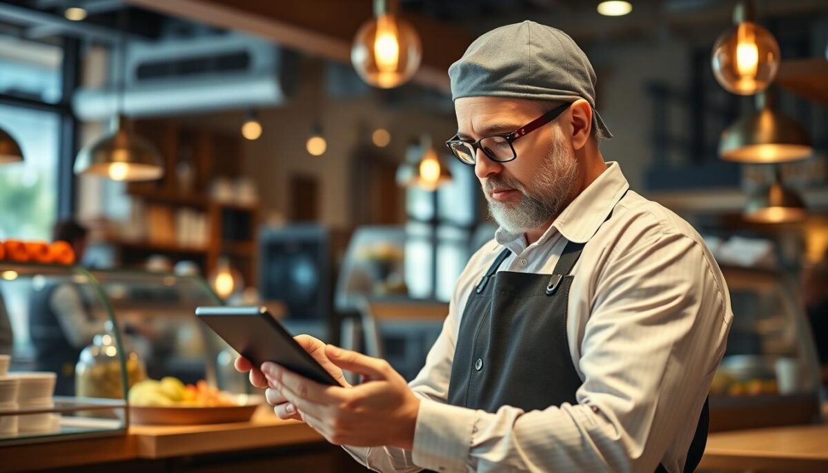 Generate an image of a restaurant owner using a tablet to manage online orders Generate an image of a restaurant owner using a tablet to manage online orders