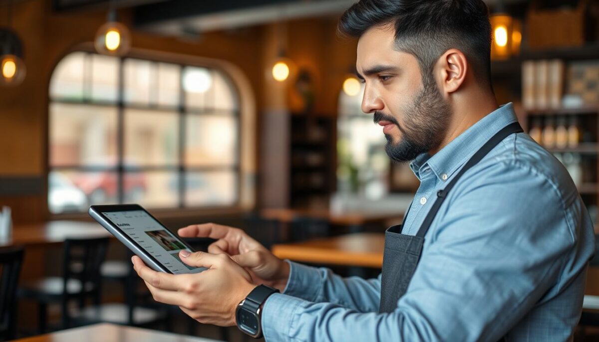 Generate an image of a restaurant owner using a tablet to manage online orders through Square Online.