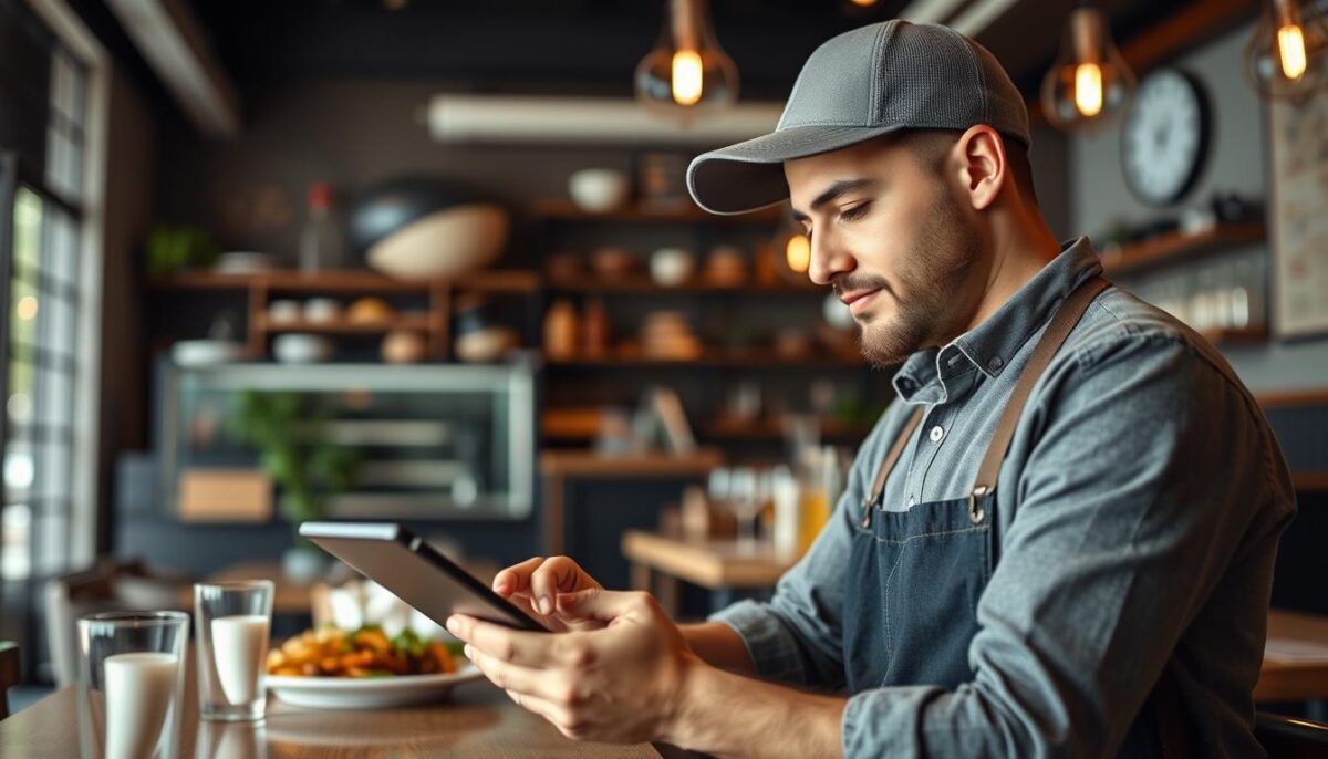 Generate an image of a restaurant owner using a tablet to manage online orders through Square Online. Generate an image of a restaurant owner using a tablet to manage online orders through Square Online.