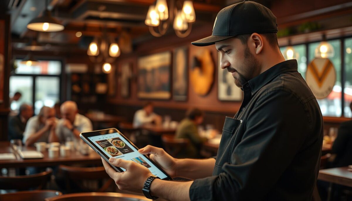 Generate an image of a restaurant owner using a tablet to manage online orders through the ChowNow platform. Generate an image of a restaurant owner using a tablet to manage online orders through the ChowNow platform.