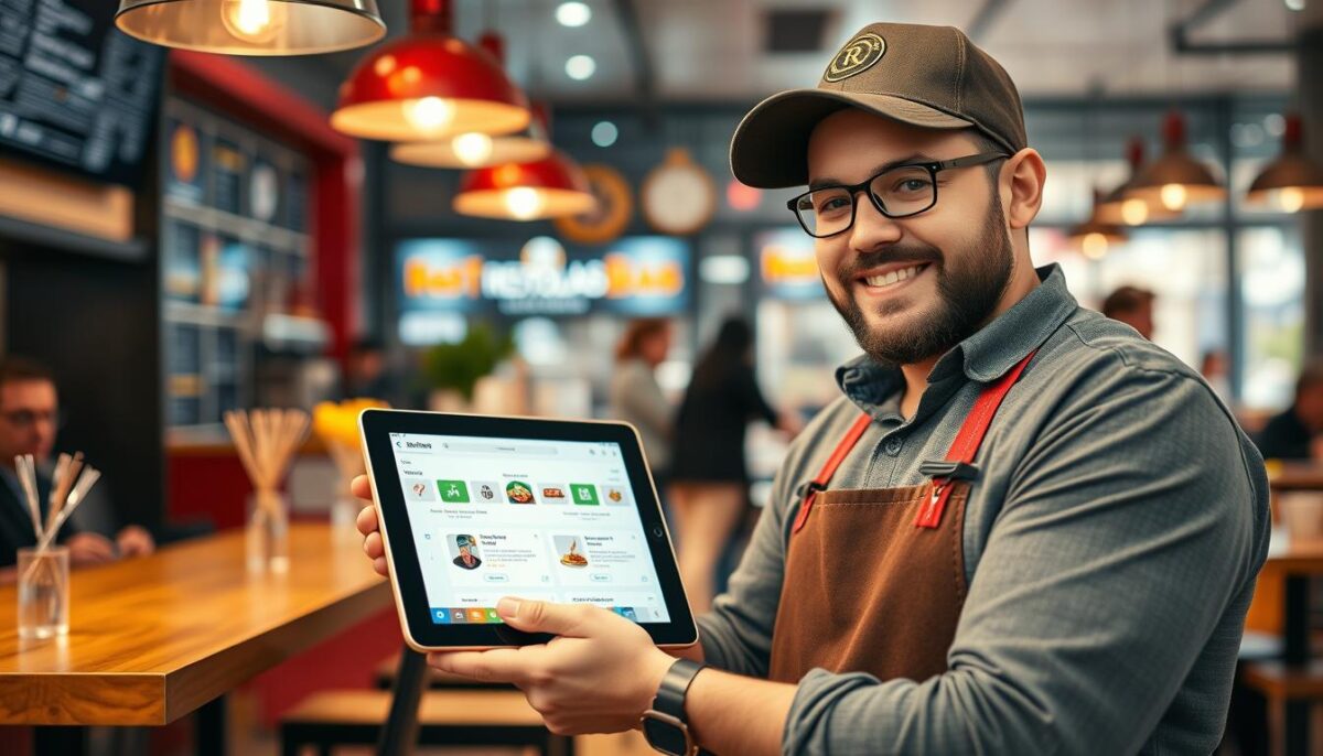 Generate an image of a restaurant owner using a tablet to manage online orders with Restolabs.