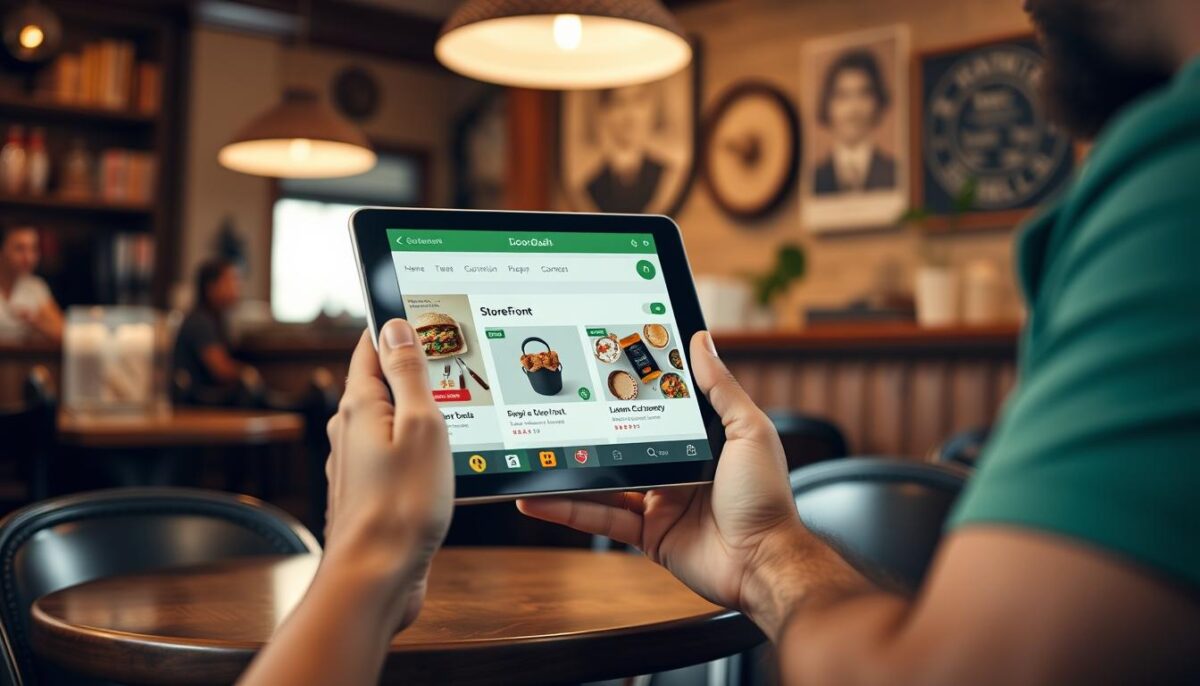 Generate an image of a restaurant owner using a tablet with DoorDash Storefront on the screen.