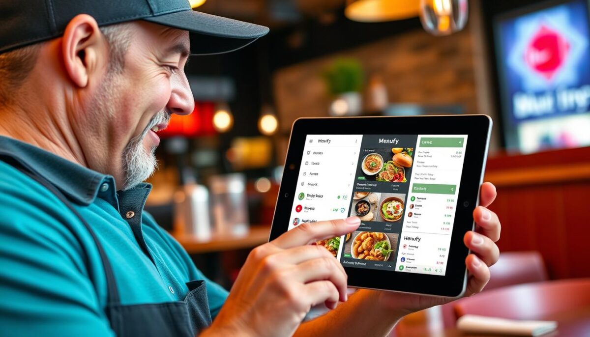Generate an image of a restaurant owner using a tablet with Menufy by HungerRush interface on the screen.