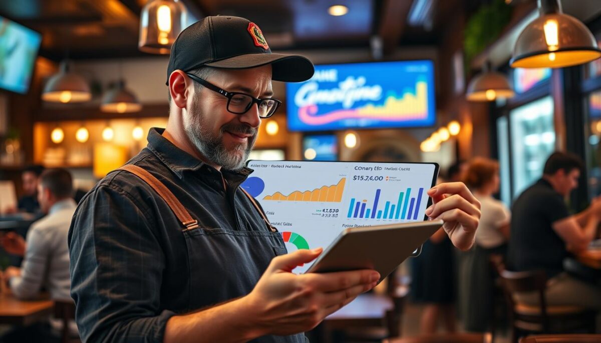 Generate an image of a restaurant owner using a tablet with Owner.com's dashboard on the screen, surrounded by graphs showing increased sales and reduced costs.