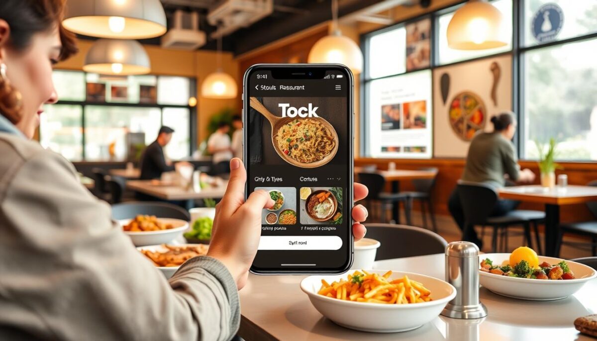 Generate an image of a restaurant using Tock's online ordering platform for meal kits and family-style orders.