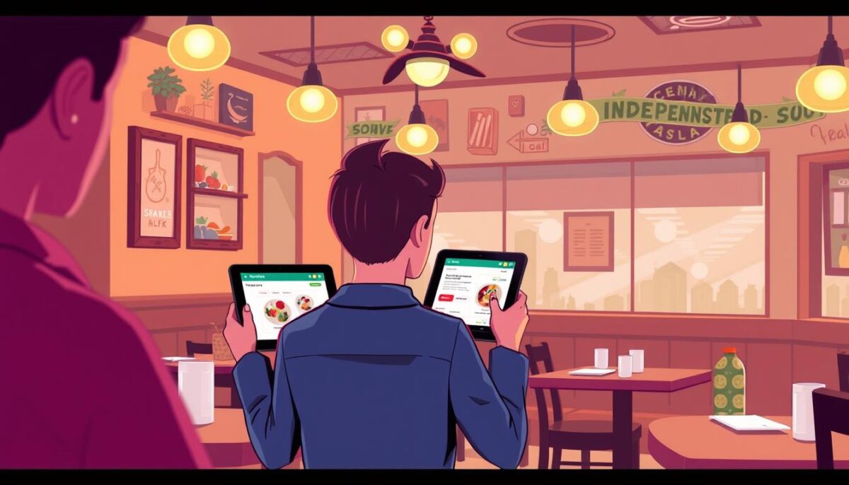 Generate an image of a small, independent restaurant using a tablet to place an online order through ChowNow.