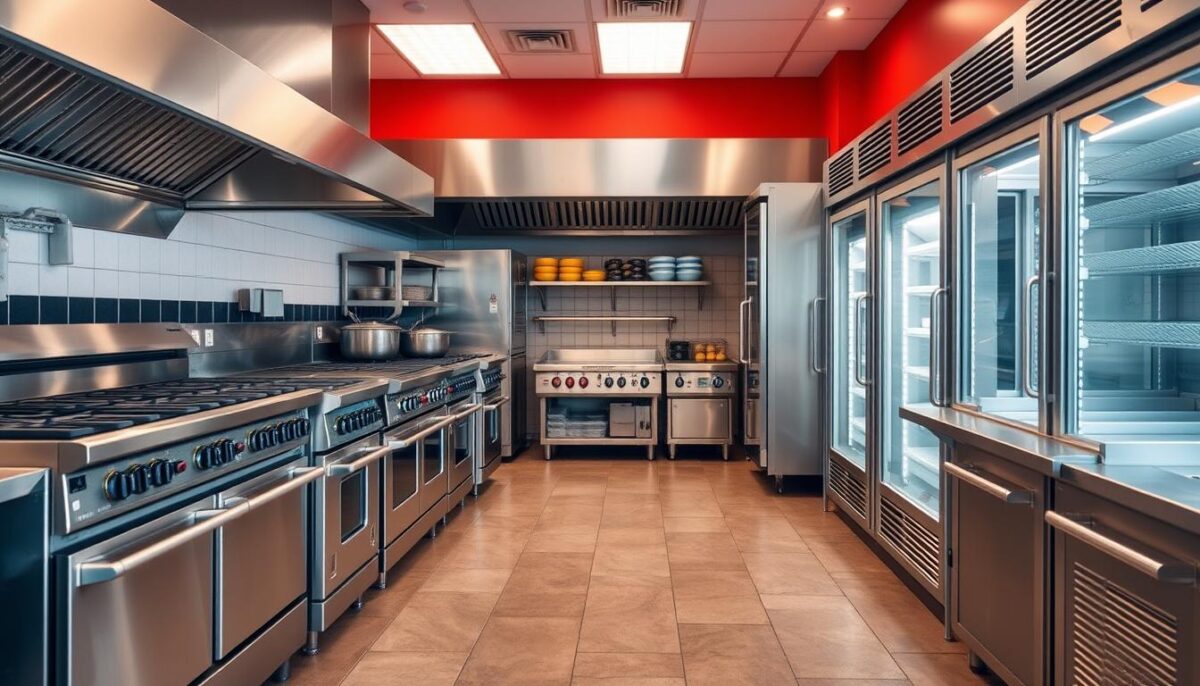 Generate an image of commercial kitchen equipment, including gas and electric ranges, ovens, walk-in coolers, and freezers.