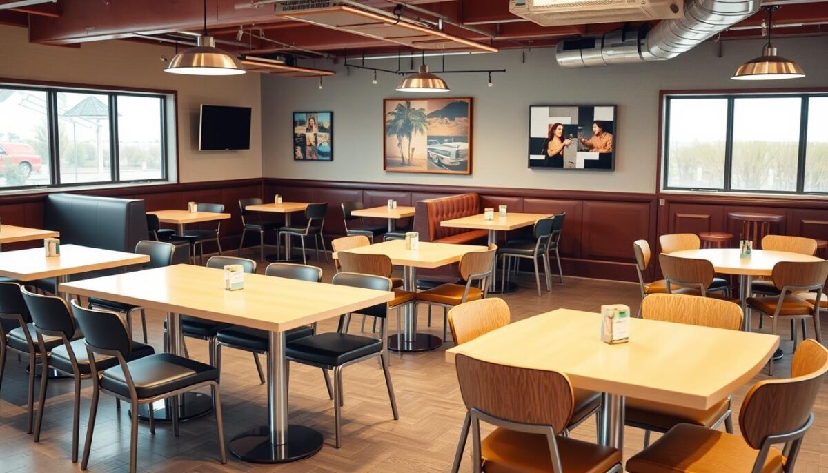Generate an image of restaurant furniture, including tables, chairs, booths, and bar stools.