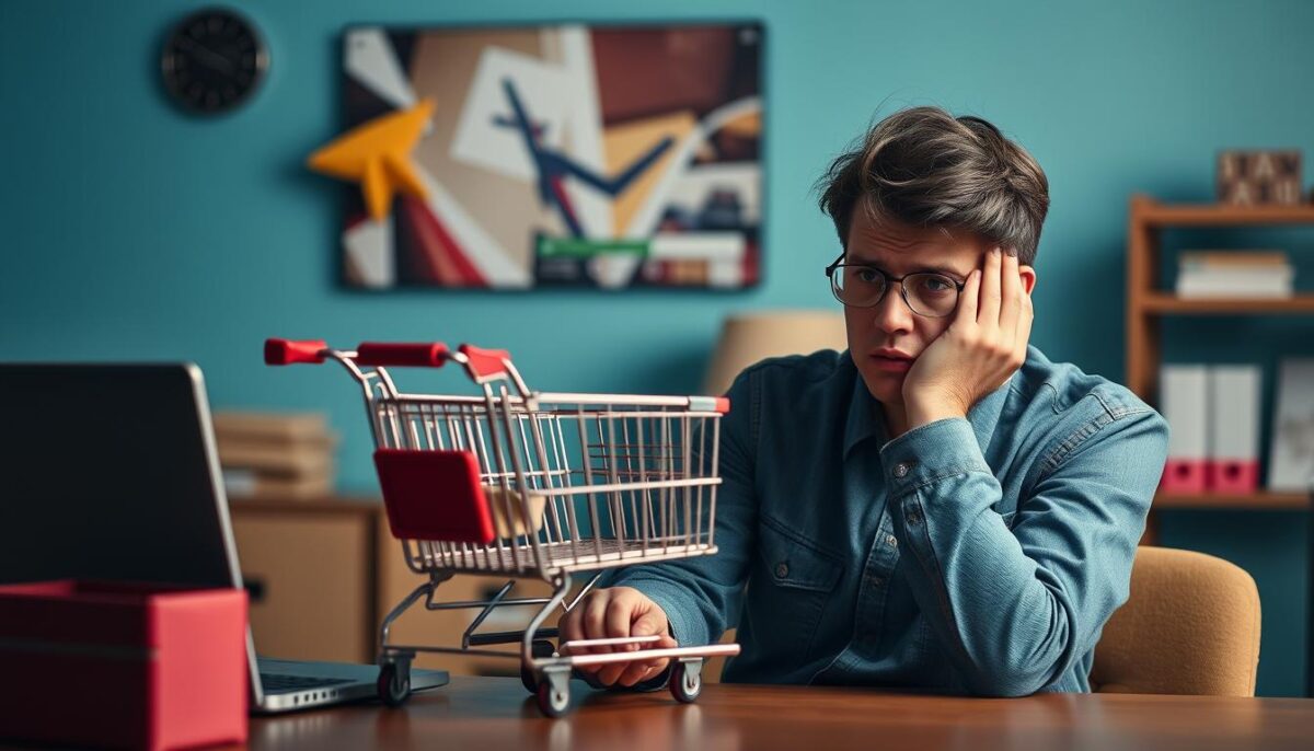 Generate an image representing a frustrated customer abandoning their cart due to a slow online ordering system.