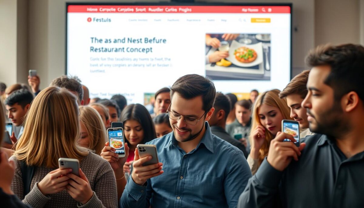 Illustrate a crowd of diverse people holding smartphones, with a restaurant concept on a crowdfunding platform on a large screen behind them.