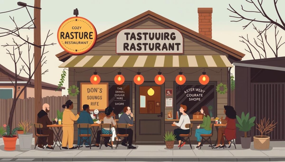 Illustrate a small restaurant with a sign indicating it's funded by a community development program, surrounded by diverse community members.