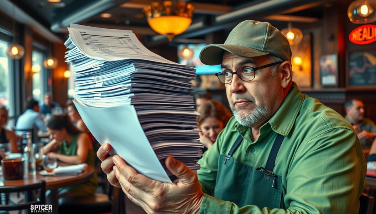 Image generation prompt for music licensing fees: A restaurant owner looking confused at a stack of bills related to music licensing fees.