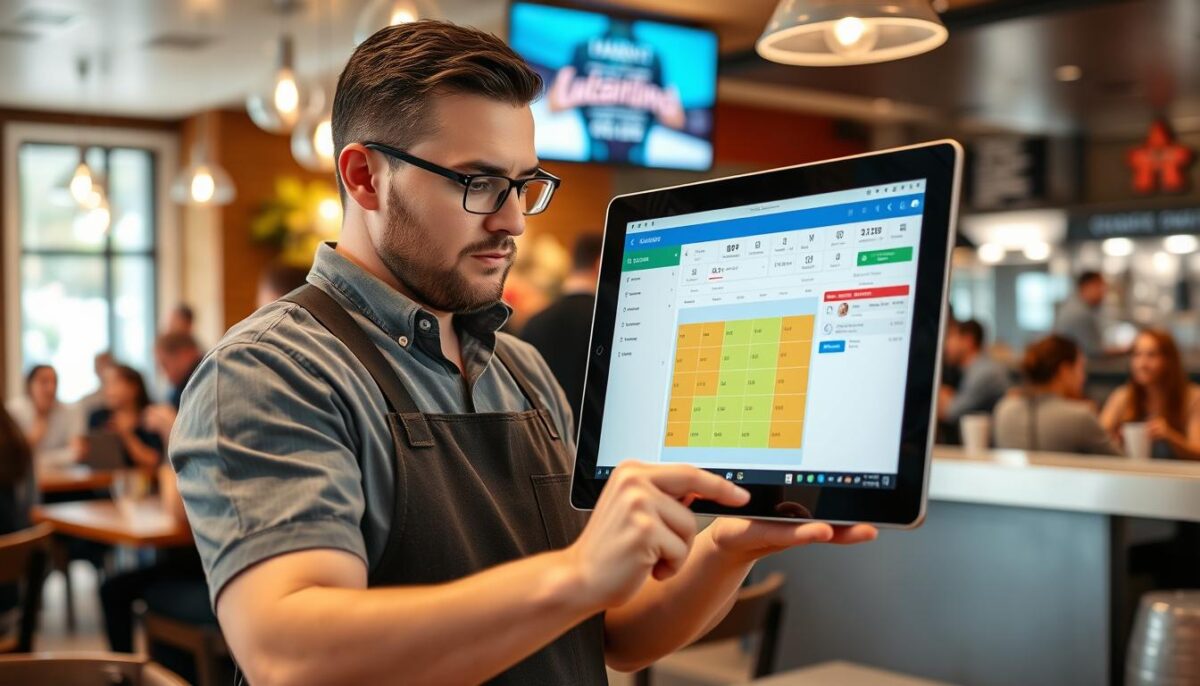 Image of a restaurant manager using a tablet with restaurant management software interface