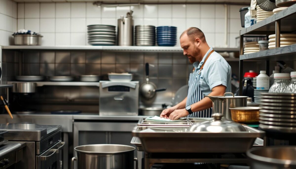 Image of a restaurant owner inspecting used kitchen equipment