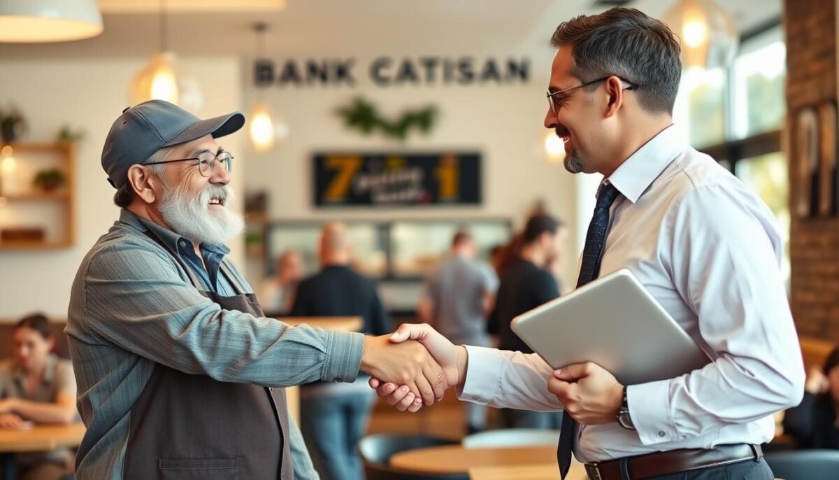 Image of a restaurant owner shaking hands with a bank representative