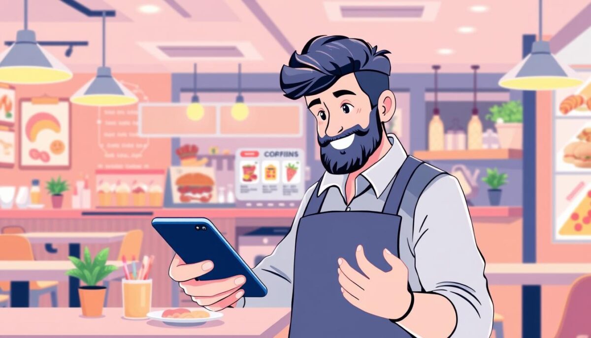 Image of a restaurant owner using a mobile app to order food products