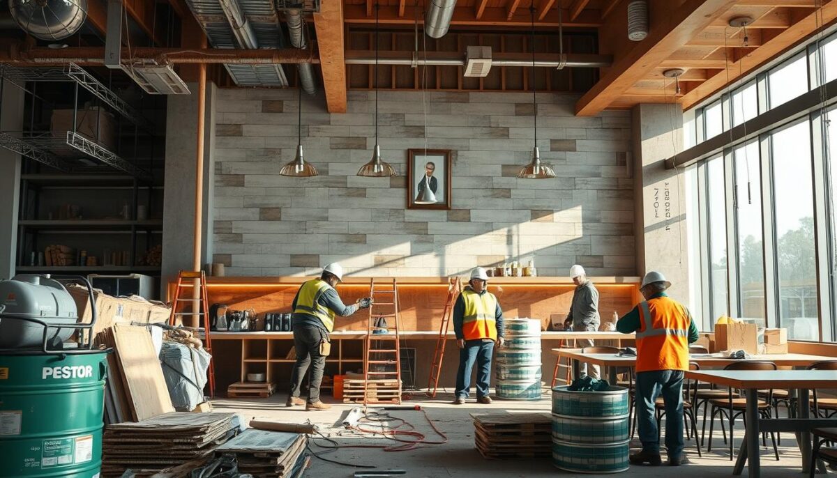 Image of a restaurant under construction with contractors working
