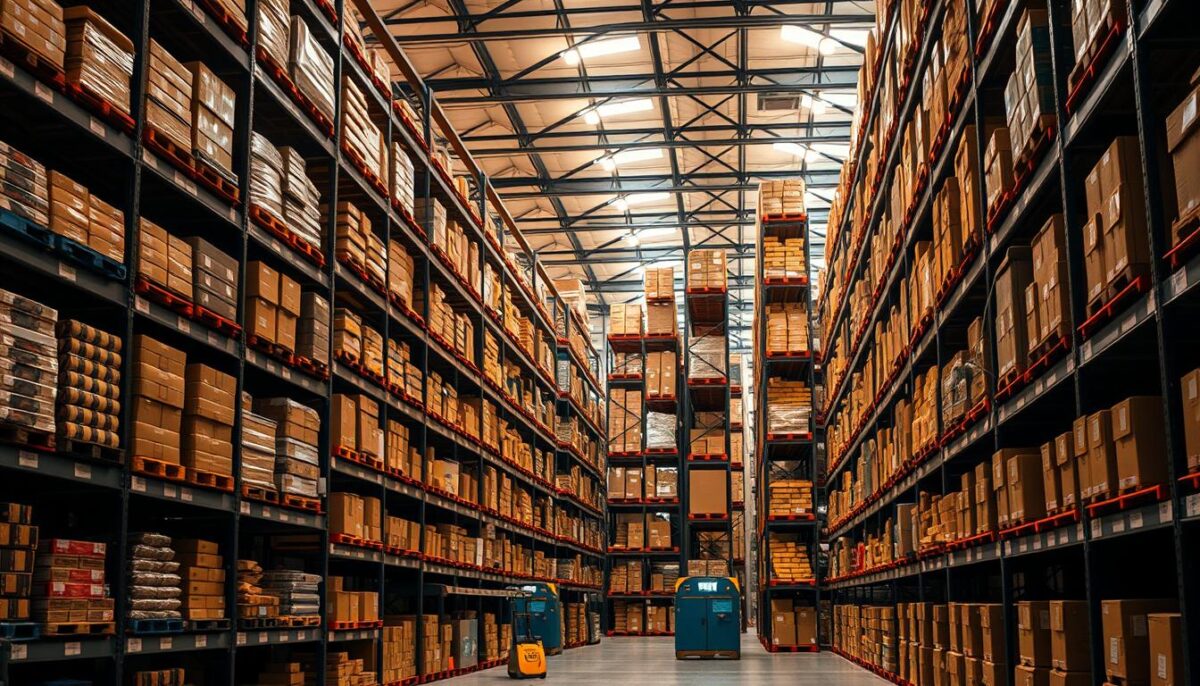 Inventory management in a modern warehouse, featuring rows of neatly stacked shelves filled with diverse products. Warm, directional lighting casts long shadows, creating a sense of depth and organization. The camera angle is slightly elevated, providing an overview of the efficient storage and retrieval system. Various inventory control tools, such as barcode scanners and digital displays, are visible, emphasizing the technological aspects of maintaining stock reliability. The overall atmosphere conveys a well-oiled, systematic approach to managing a complex supply chain.