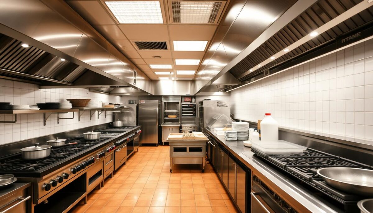Restaurant kitchen with commercial cooking equipment