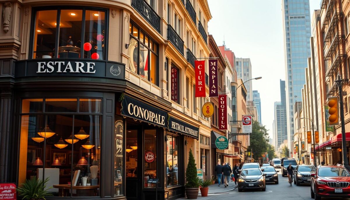 a vibrant, bustling urban street lined with diverse restaurants, cafes, and shops, with a focus on a prominent and well-situated corner establishment. the storefront has large windows that reveal an inviting, warm interior with cozy seating and a lively atmosphere. the building's architecture features classic, old-world charm with ornate details and a welcoming facade. natural light streams in, casting a golden glow over the scene. the street is busy with pedestrians, cars, and the occasional cyclist, conveying a sense of energy and activity. the overall mood is one of a thriving, desirable neighborhood destination perfect for a new restaurant venture.