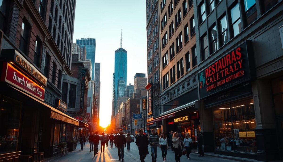 A bustling city street at dusk, the sun's warm glow casting long shadows on the sidewalk. In the foreground, a variety of restaurant facades line the road, each with its own distinct architectural style and signage. A cozy bistro with outdoor seating, a modern sushi bar, a family-owned Italian trattoria - each location strategically chosen to cater to its target audience. In the middle ground, pedestrians stroll by, some peering into the restaurants, considering their options. In the background, towering skyscrapers and the silhouettes of other businesses suggest a thriving urban landscape, ripe with potential for the right restaurant concept and location. A bustling city street at dusk, the sun's warm glow casting long shadows on the sidewalk. In the foreground, a variety of restaurant facades line the road, each with its own distinct architectural style and signage. A cozy bistro with outdoor seating, a modern sushi bar, a family-owned Italian trattoria - each location strategically chosen to cater to its target audience. In the middle ground, pedestrians stroll by, some peering into the restaurants, considering their options. In the background, towering skyscrapers and the silhouettes of other businesses suggest a thriving urban landscape, ripe with potential for the right restaurant concept and location.