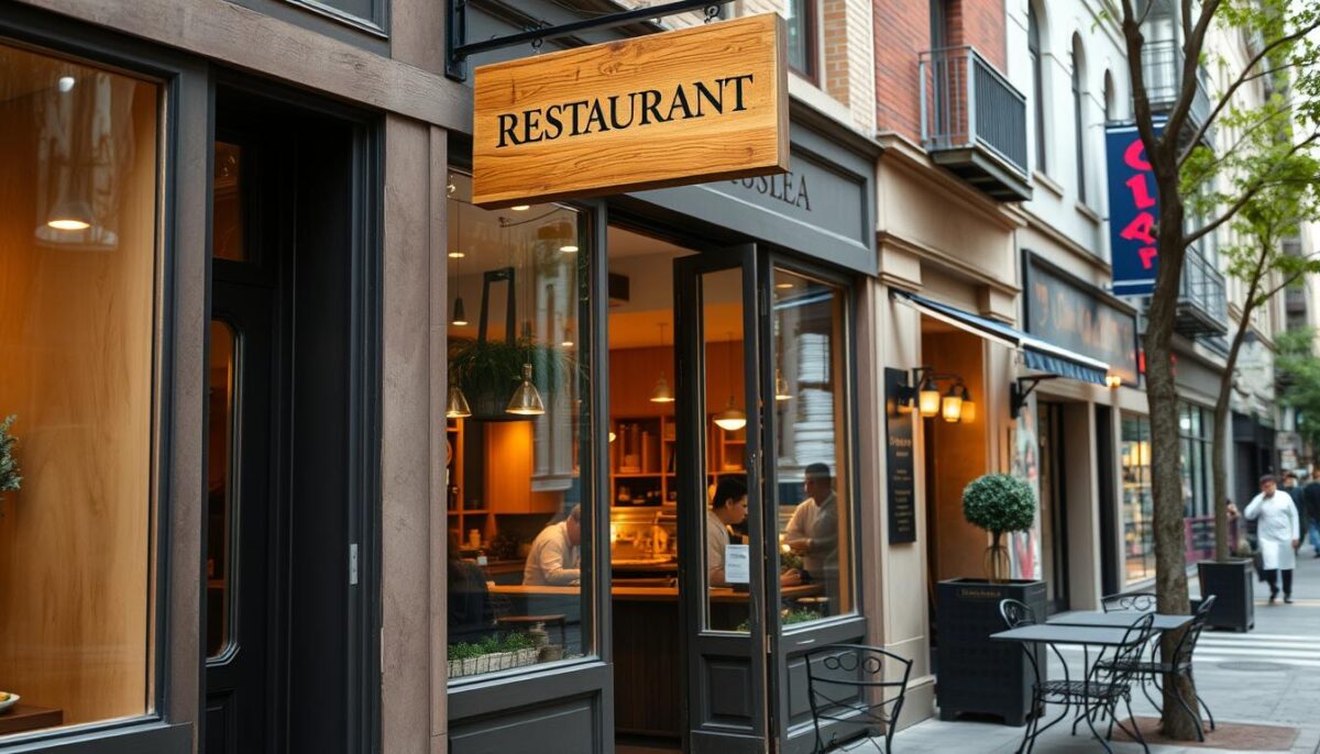 A bustling city street, the perfect location for a charming neighborhood restaurant. The storefront has large windows that welcome passersby, a wooden sign hanging above the entrance invites them in. The interior is warm and inviting, with soft lighting illuminating the carefully curated decor - natural wood accents, cozy seating, and an open kitchen where chefs prepare delectable dishes. Outside, a small patio with wrought-iron tables and chairs allows patrons to dine al fresco, taking in the sights and sounds of the vibrant urban setting. The overall atmosphere is one of sophistication and community, making this an ideal spot for both locals and visitors alike. A bustling city street, the perfect location for a charming neighborhood restaurant. The storefront has large windows that welcome passersby, a wooden sign hanging above the entrance invites them in. The interior is warm and inviting, with soft lighting illuminating the carefully curated decor - natural wood accents, cozy seating, and an open kitchen where chefs prepare delectable dishes. Outside, a small patio with wrought-iron tables and chairs allows patrons to dine al fresco, taking in the sights and sounds of the vibrant urban setting. The overall atmosphere is one of sophistication and community, making this an ideal spot for both locals and visitors alike.