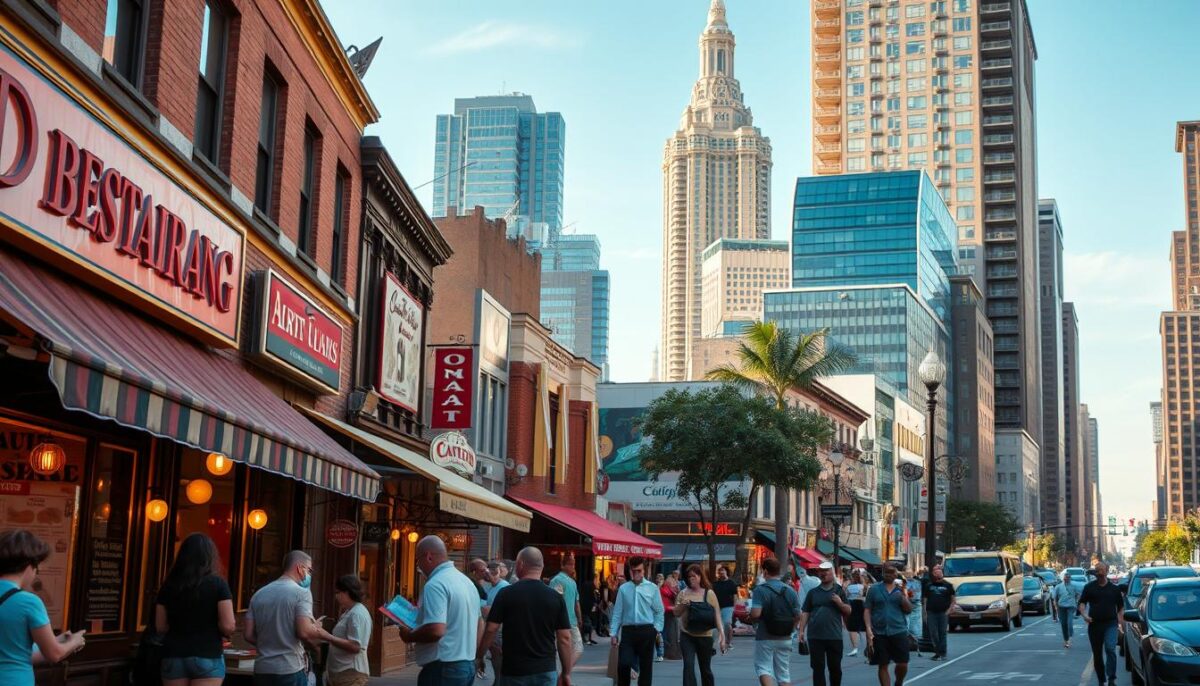 A bustling city street, with a row of diverse restaurants lining the sidewalk. In the foreground, a group of people gathered outside a popular eatery, studying menus and chatting animatedly. In the middle ground, a mix of boutiques, cafes, and specialty shops create a vibrant, pedestrian-friendly atmosphere. In the background, towering skyscrapers and a clear, blue sky suggest an urban setting. The lighting is warm and inviting, casting a soft glow over the scene. The camera angle is slightly elevated, offering a bird's-eye view that allows the viewer to take in the full scope of the restaurant landscape and its competitive landscape. A bustling city street, with a row of diverse restaurants lining the sidewalk. In the foreground, a group of people gathered outside a popular eatery, studying menus and chatting animatedly. In the middle ground, a mix of boutiques, cafes, and specialty shops create a vibrant, pedestrian-friendly atmosphere. In the background, towering skyscrapers and a clear, blue sky suggest an urban setting. The lighting is warm and inviting, casting a soft glow over the scene. The camera angle is slightly elevated, offering a bird's-eye view that allows the viewer to take in the full scope of the restaurant landscape and its competitive landscape.