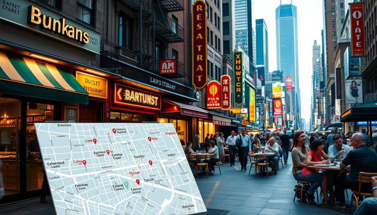 A bustling city streetscape with various restaurant facades, signage, and busy foot traffic. In the foreground, a detailed map of the local area is displayed, showcasing the locations of competing eateries. The middle ground features diners seated at outdoor tables, engaged in animated discussion. The background is filled with towering skyscrapers and a vibrant, dynamic atmosphere. The lighting is a mix of warm, inviting glow from the restaurants and the cool, natural illumination of an urban setting. The overall scene conveys a sense of market analysis, strategic planning, and the competitive nature of the restaurant industry.