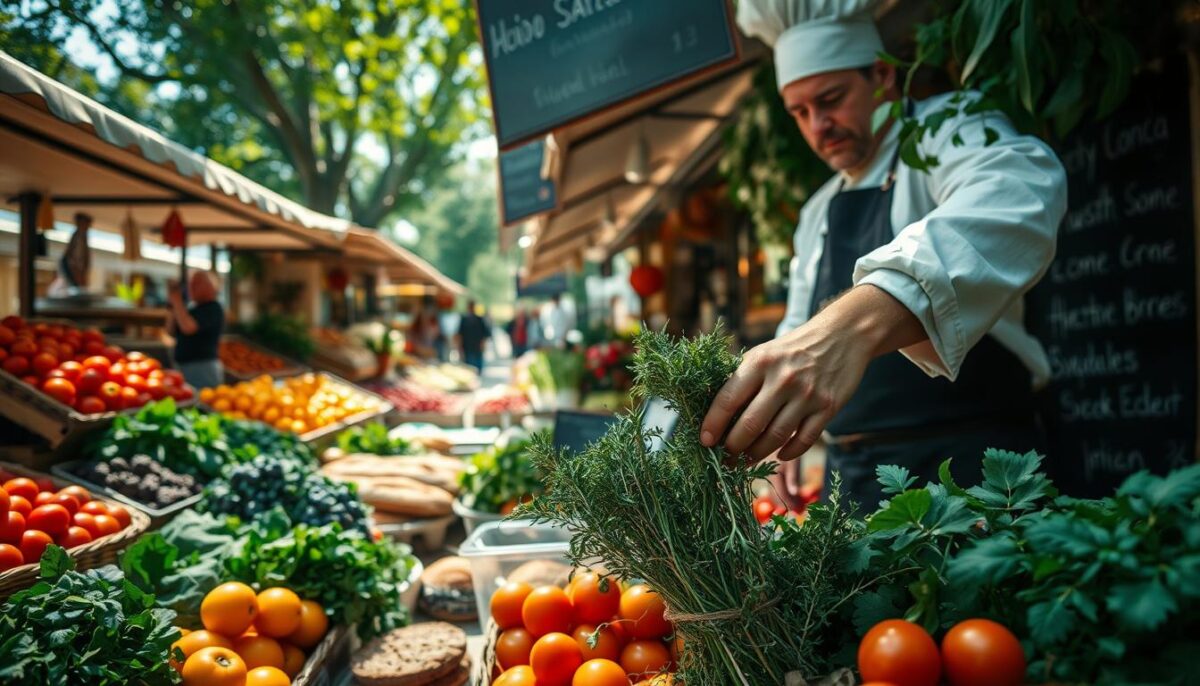 A bustling open-air market, sunlight filtering through lush foliage. Stalls brimming with an array of fresh, locally-sourced ingredients - plump tomatoes, crisp greens, vibrant berries, and artisanal breads. In the foreground, a chef examines a handful of fragrant herbs, their origins traced through a rustic chalkboard display. The camera angle captures the scene from a low perspective, emphasizing the abundance and quality of the produce. The overall mood is one of warmth, authenticity, and a deep connection to the land. A sense of craftsmanship and care pervades the image, hinting at the culinary delights that can be created from these exceptional ingredients.