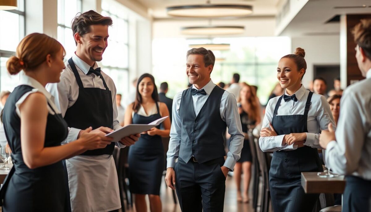 A bustling restaurant interior, with waiters and waitresses seamlessly communicating and coordinating their tasks. The foreground depicts a server conveying order details to the kitchen staff, their expressions focused and their gestures purposeful. In the middle ground, a host greets arriving guests, ushering them to their tables with a warm smile. The background showcases a well-designed open layout, with natural lighting filtering through large windows, creating a inviting ambiance. The overall scene exudes an atmosphere of efficient, yet personable, service that enhances the dining experience.