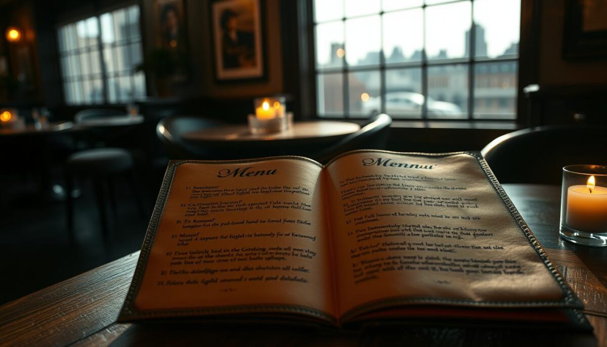 A cozy, dimly lit restaurant interior with a wooden table in the foreground, upon which rests an open leather-bound menu. The menu's pages are illuminated by the soft glow of candlelight, casting a warm, inviting atmosphere. The menu's text is hand-written in an elegant script, describing each dish with captivating descriptions that evoke the senses - the aroma of fresh herbs, the sizzle of pan-seared proteins, the bold flavors of locally sourced ingredients. In the background, a window frames a picturesque cityscape, hinting at the restaurant's urban setting and the stories that unfold within its walls. The lighting is a perfect balance of chiaroscuro, highlighting the menu's tactile details and creating an intimate, memorable dining experience.