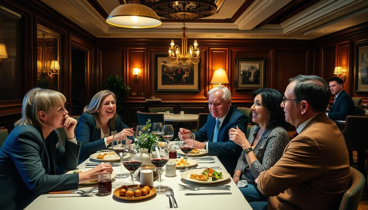 A cozy restaurant interior with warm lighting and elegant decor, the focus being a group of well-dressed guests engaged in lively conversation over a delectable meal. The scene is captured from a slightly elevated angle, conveying a sense of inviting ambiance and exceptional hospitality. The tableware is carefully arranged, and the expressions on the guests' faces suggest they are thoroughly enjoying their dining experience. In the background, a pianist plays soothing music, adding to the overall atmosphere of refined sophistication and memorable encounters.