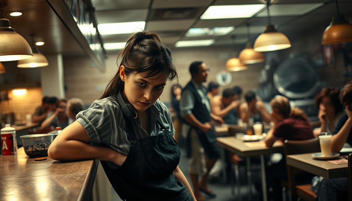 A dimly lit restaurant interior, the air thick with the scent of overcooked food and exhaustion. In the foreground, a waitress leans against the counter, her shoulders slumped, her face etched with fatigue. Her uniform, once crisp, now wrinkled and stained. In the middle ground, a harried manager rushes between tables, barking orders into a worn-out headset. The background is a blur of frustrated customers and a disorganized kitchen, the sounds of clashing pots and pans adding to the sense of chaos. The lighting is harsh, casting shadows that accentuate the weary expressions on the staff's faces, conveying the emotional toll of their work.