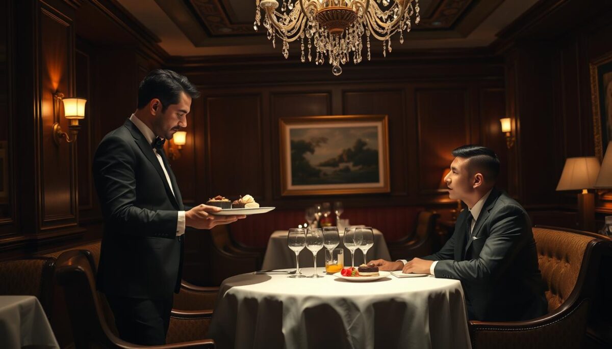 A dimly lit, upscale restaurant interior with an elegant, intimate atmosphere. The scene features a smartly dressed server presenting a tray of decadent desserts to a well-dressed couple seated at a pristine white-linen-covered table, lit by the soft glow of wall sconces and a sparkling crystal chandelier above. The background showcases rich wood paneling, plush seating, and tasteful artwork, conveying a sense of refined luxury and exceptional service.