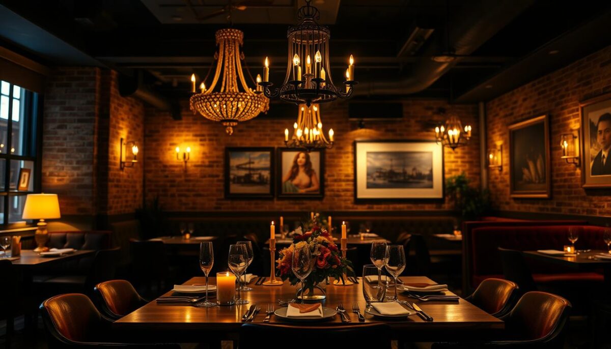 A dimly lit, upscale restaurant interior with warm, ambient lighting. The foreground features a well-appointed, wooden dining table set with elegant dinnerware, candles, and a centerpiece of fresh flowers. In the middle ground, ornate chandeliers hang overhead, casting a soft, golden glow throughout the space. The background showcases a backdrop of exposed brick walls, plush velvet seating, and framed artwork, creating a cozy, sophisticated ambiance. The overall scene evokes a sense of luxury, refined taste, and an inviting atmosphere that would attract high-spending guests.