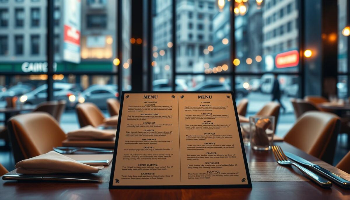 A high-end restaurant interior, elegantly designed with modern decor. A sleek, minimalist menu placed prominently on a wooden table, surrounded by carefully arranged cutlery and napkins. Soft, warm lighting casts a cozy glow, highlighting the menu's typography and layout. The menu features mouthwatering dish descriptions, using persuasive language to entice the diner. In the background, a large window offers a view of a bustling city street, blurred to create a sense of depth and focus on the central menu. The overall atmosphere conveys an upscale dining experience, where the menu is the star, designed to maximize order value and profitability.
