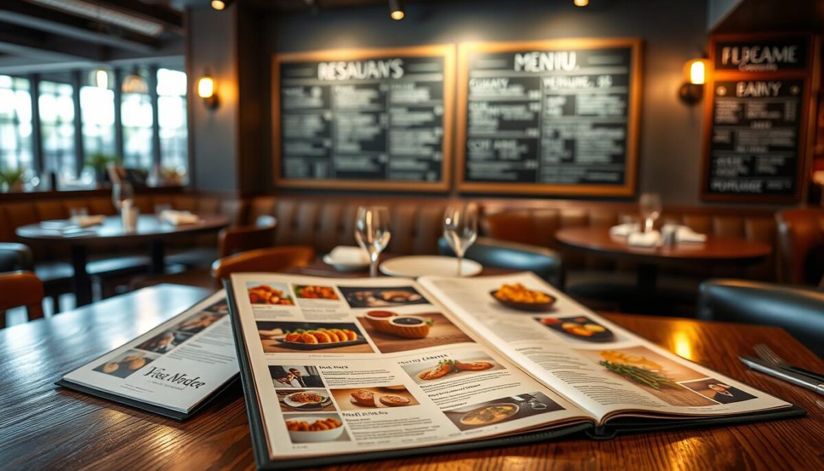 A high-end restaurant's interior, showcasing an expertly designed menu carefully laid out on a wooden table. The menu features meticulously crafted dishes, each presented with mouthwatering photographs and detailed descriptions. Warm, soft lighting from overhead sconces casts a cozy glow, creating an inviting atmosphere. In the background, a wall displays a chalkboard menu, indicating the restaurant's commitment to seasonality and freshness. The scene conveys a sense of thoughtful menu engineering, where every element is strategically positioned to maximize the customer's dining experience and the establishment's profitability.